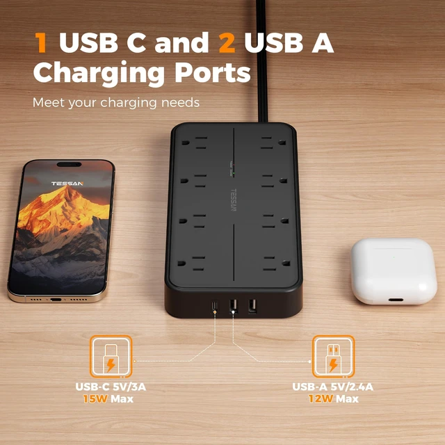 Alt view image 4 of 7 - Power Strip Surge Protector, 15FT Flat Plug Extension Cord 8 Outlets 3 USB Charger(1 USB C), 1080 Joules Protection, Wall Mountable Charging Station for Home Office Dorm, Black