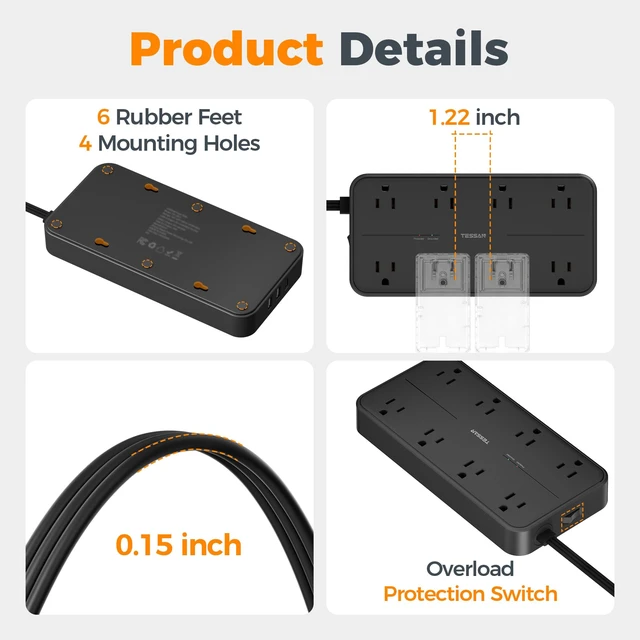 Alt view image 7 of 7 - Power Strip Surge Protector, 15FT Flat Plug Extension Cord 8 Outlets 3 USB Charger(1 USB C), 1080 Joules Protection, Wall Mountable Charging Station for Home Office Dorm, Black
