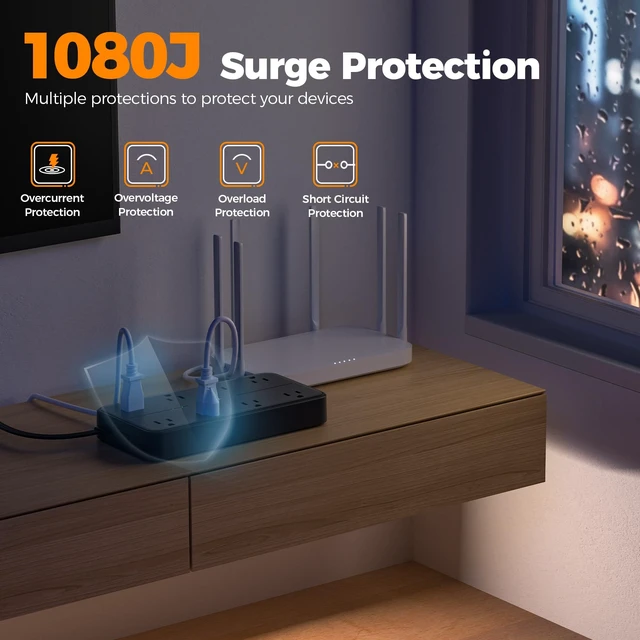Alt view image 5 of 7 - Power Strip Surge Protector, 15FT Flat Plug Extension Cord 8 Outlets 3 USB Charger(1 USB C), 1080 Joules Protection, Wall Mountable Charging Station for Home Office Dorm, Black