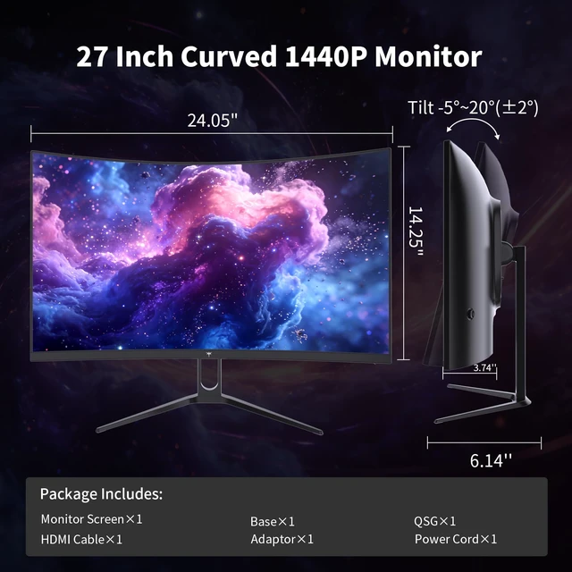 Alt view image 7 of 7 - H27S5C 27 Inch Curved Gaming Monitor, 1440P QHD 144Hz Monitor, HDR 400 2560x1440 120Hz Curve Monitors, 1500R HVA Panel, Adaptive Sync, 400nits, 129%sRGB, HDMI DP, Eye Care VESA 100x100 Mount