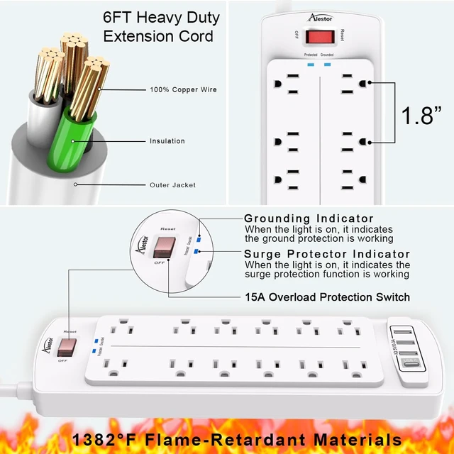 Alt view image 6 of 7 - 6 Ft Surge Protector Power Strip with 12 Outlets and 4 USB Ports 2700 Joules, 6 Feet Heavy Duty Extension Cord with Multiple Outlets for Home, Office, Dorm Room, ETL, White
