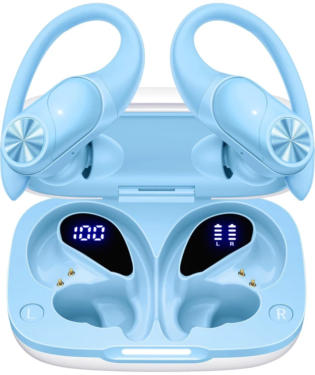 Main image of Bluetooth Headphones Wireless Earbuds 80hrs Playtime Wireless Charging Case Digital Display Sports Ear Buds with Earhook Deep Bass IPX7 Waterproof Over-Ear Earphones for TV Phone Laptop Blue