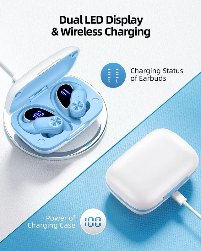 Alt view image 3 of 6 - Bluetooth Headphones Wireless Earbuds 80hrs Playtime Wireless Charging Case Digital Display Sports Ear Buds with Earhook Deep Bass IPX7 Waterproof Over-Ear Earphones for TV Phone Laptop Blue