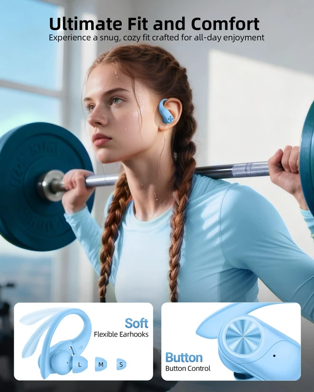 Alt view image 6 of 6 - Bluetooth Headphones Wireless Earbuds 80hrs Playtime Wireless Charging Case Digital Display Sports Ear Buds with Earhook Deep Bass IPX7 Waterproof Over-Ear Earphones for TV Phone Laptop Blue