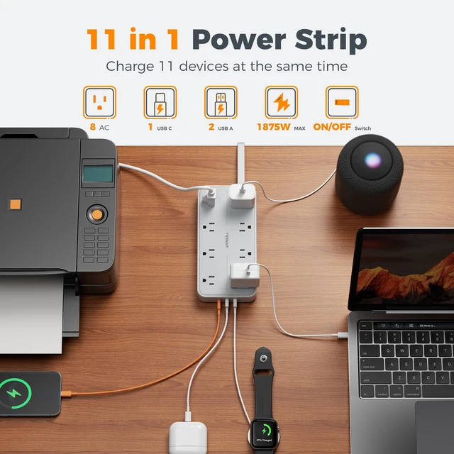 Alt view image 3 of 7 - Power Strip Surge Protector, 6FT Flat Plug Extension Cord 8 Outlets 3 USB Charger(1 USB C), 1080 Joules Protection, 1875W 15A, Wall Mountable for Home Office Dorm, Gray