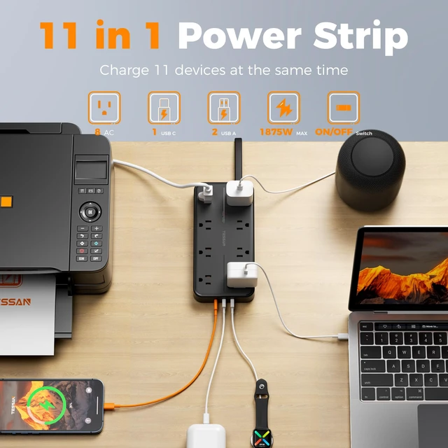 Alt view image 3 of 7 - Power Strip Surge Protector, 5FT Flat Plug Extension Cord 8 Outlets 3 USB Charger(1 USB C), 2000 Joules Protection, Wall Mountable Charging Station for Home Office Dorm, Black