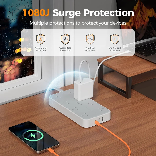 Alt view image 2 of 7 - Power Strip Surge Protector, 6FT Flat Plug Extension Cord 8 Outlets 3 USB Charger(1 USB C), 1080 Joules Protection, 1875W 15A, Wall Mountable for Home Office Dorm, Gray