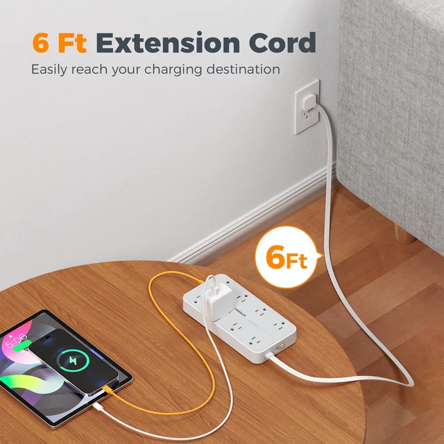 Alt view image 6 of 7 - Power Strip Surge Protector, 6FT Flat Plug Extension Cord 8 Outlets 3 USB Charger(1 USB C), 1080 Joules Protection, 1875W 15A, Wall Mountable for Home Office Dorm, Gray