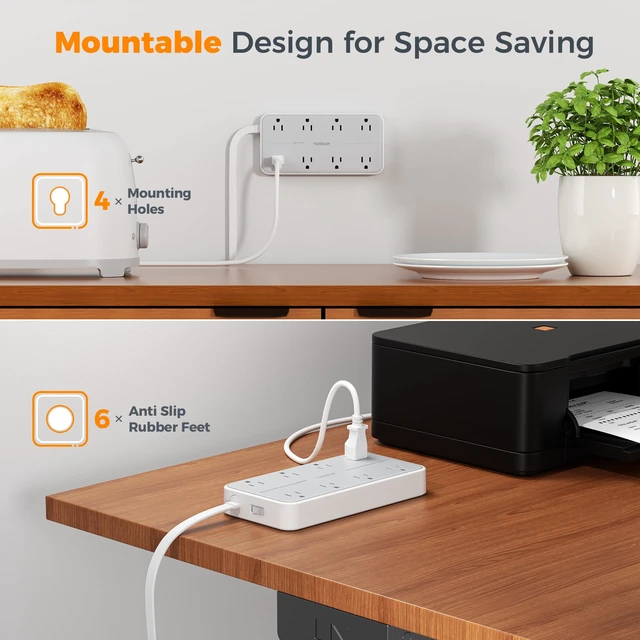 Alt view image 7 of 7 - Power Strip Surge Protector, 6FT Flat Plug Extension Cord 8 Outlets 3 USB Charger(1 USB C), 1080 Joules Protection, 1875W 15A, Wall Mountable for Home Office Dorm, Gray