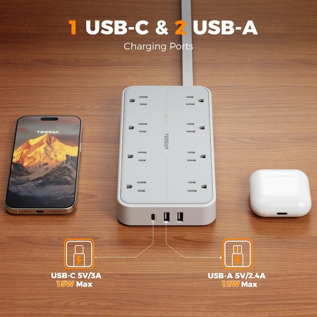 Alt view image 4 of 7 - Power Strip Surge Protector, 6FT Flat Plug Extension Cord 8 Outlets 3 USB Charger(1 USB C), 1080 Joules Protection, 1875W 15A, Wall Mountable for Home Office Dorm, Gray