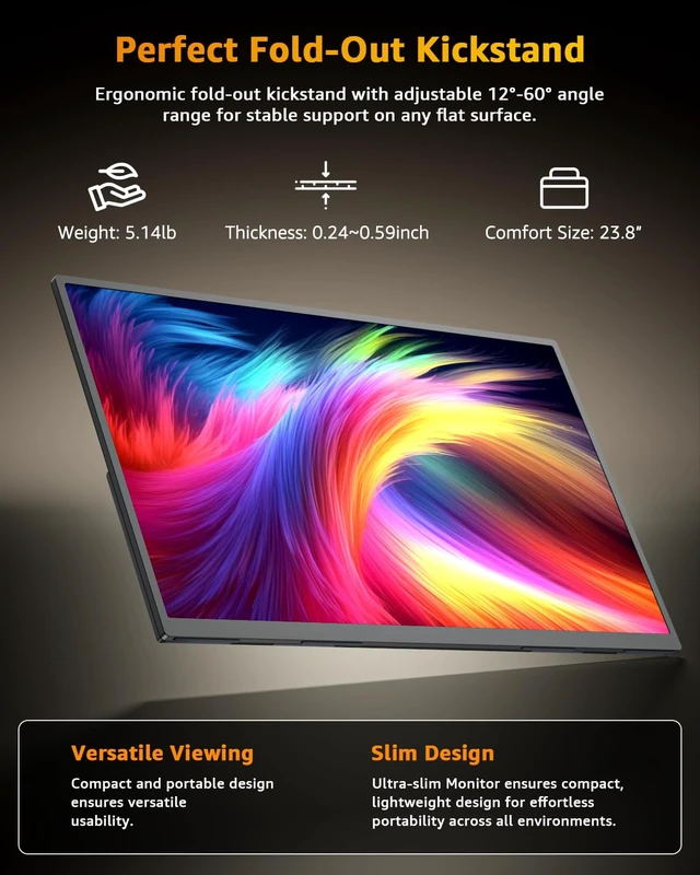 Alt view image 5 of 7 - Portable Monitor for Laptop 23.8" 144Hz 1080P Travel Gaming Monitor Screen IPS Display with USB Type C Port and Built-in Speakers Compatible with PC, Xbox Black