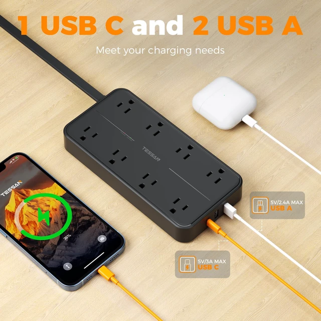 Alt view image 4 of 7 - Power Strip Surge Protector, 5FT Flat Plug Extension Cord 8 Outlets 3 USB Charger(1 USB C), 2000 Joules Protection, Wall Mountable Charging Station for Home Office Dorm, Black
