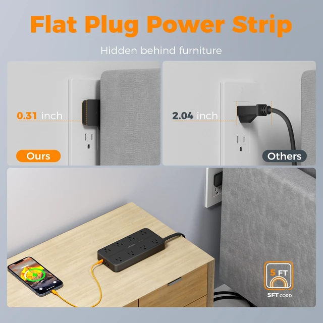 Alt view image 5 of 7 - Power Strip Surge Protector, 5FT Flat Plug Extension Cord 8 Outlets 3 USB Charger(1 USB C), 2000 Joules Protection, Wall Mountable Charging Station for Home Office Dorm, Black