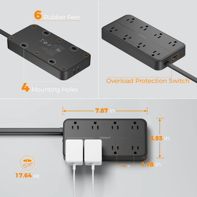 Alt view image 7 of 7 - Power Strip Surge Protector, 5FT Flat Plug Extension Cord 8 Outlets 3 USB Charger(1 USB C), 2000 Joules Protection, Wall Mountable Charging Station for Home Office Dorm, Black