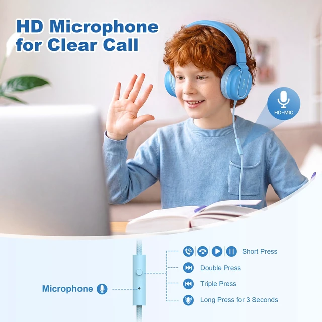 Alt view image 3 of 7 - I35 Kids Headphones for School with Mic, 93dB Safe Volume, Lakeblue Wired On Ear Headphones for Girls Boys, 3.5mm Foldable Lightweight for Classroom Chromebook, Laptop, Computer, Tablet