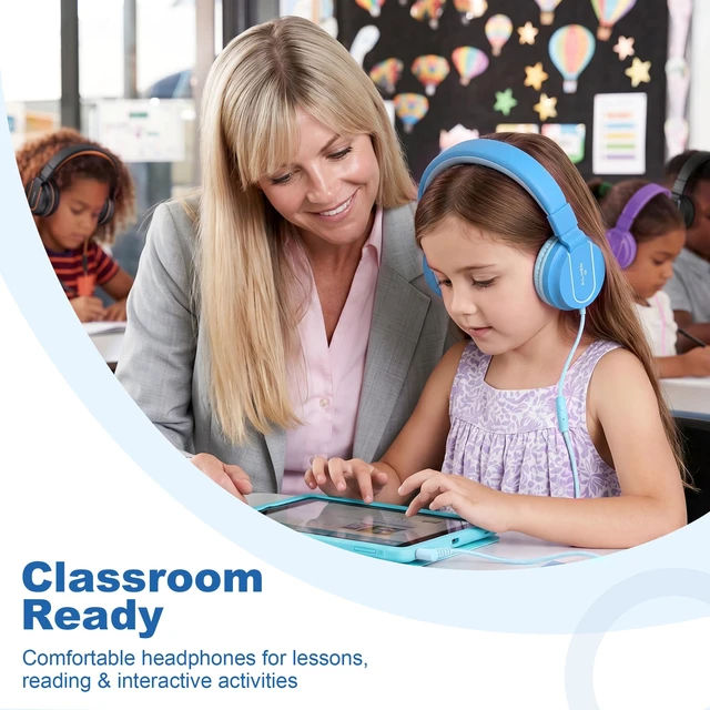 Alt view image 4 of 7 - I35 Kids Headphones for School with Mic, 93dB Safe Volume, Lakeblue Wired On Ear Headphones for Girls Boys, 3.5mm Foldable Lightweight for Classroom Chromebook, Laptop, Computer, Tablet