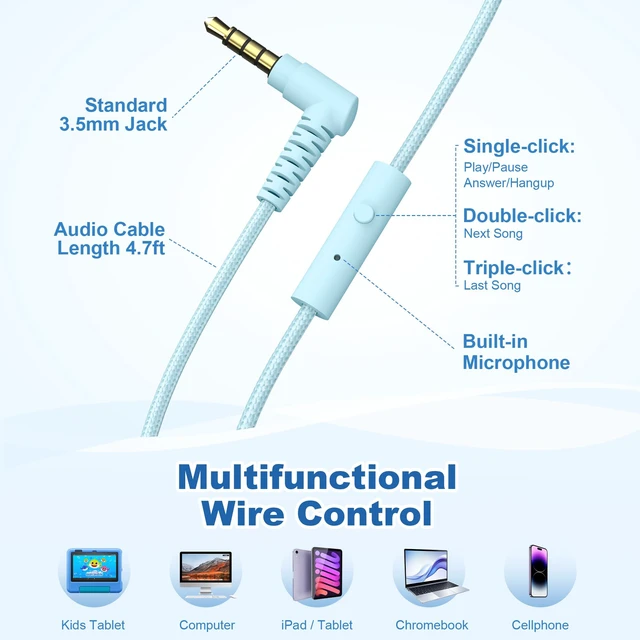 Alt view image 5 of 7 - I35 Kids Headphones for School with Mic, 93dB Safe Volume, Lakeblue Wired On Ear Headphones for Girls Boys, 3.5mm Foldable Lightweight for Classroom Chromebook, Laptop, Computer, Tablet
