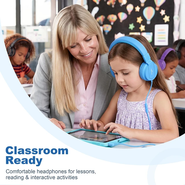 Alt view image 3 of 7 - Kids Headphones for School with Mic, 93dB Volume Limited, SkyBlue Wired On Ear Headphones for Kids Girls, Foldable Lightweight Headphone for Classroom Learning & Entertainment Travel Computer