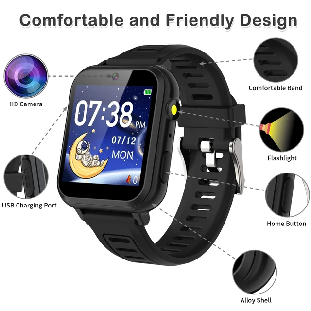Alt view image 2 of 7 - Smart Watch for Kids, Smart Watch Toys with 39 Games Camera Video Recorder Music Alarm Calculator Calendar Flashlight Stopwatch Pedometer Gift Toys for 3-12 Years Old Boys and Girls (Black)