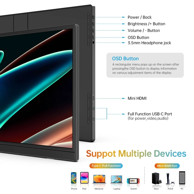 Alt view image 7 of 7 - 14 Inch Portable Monitor FHD1200P Ultra-Slim for Laptop Monitor, USB-C&HDMI Plug&Play,100% SRGB,Dual Speakers Extender Display. Built-in Stand,for Laptop,PC Phone Xbox PS4/5