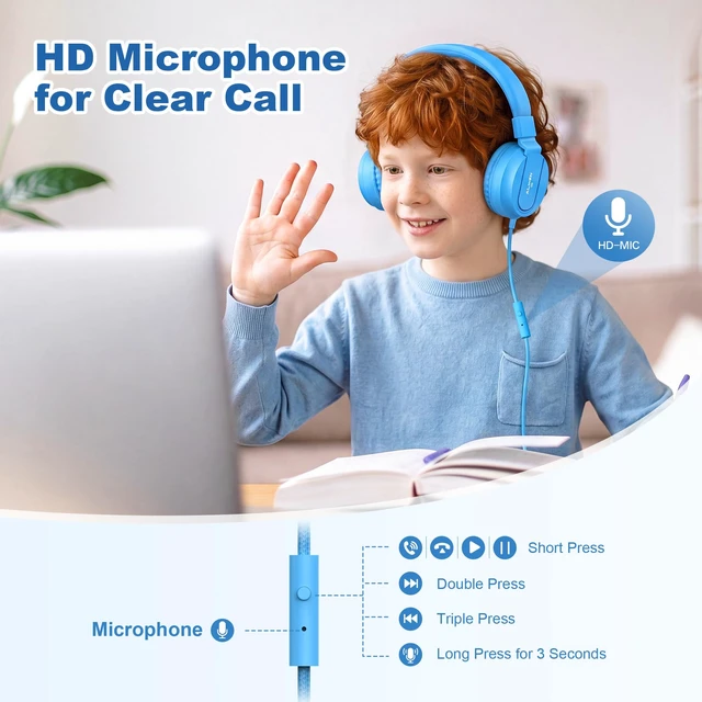 Alt view image 4 of 7 - Kids Headphones for School with Mic, 93dB Volume Limited, SkyBlue Wired On Ear Headphones for Kids Girls, Foldable Lightweight Headphone for Classroom Learning & Entertainment Travel Computer