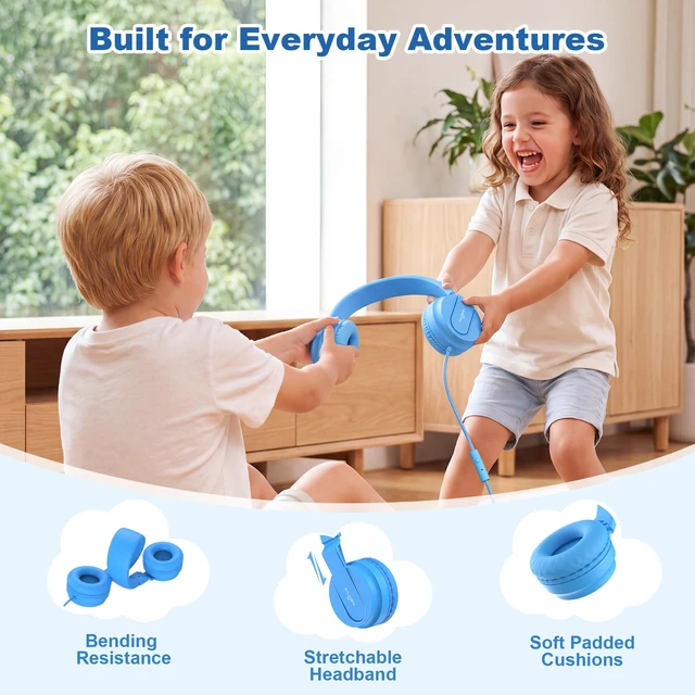 Alt view image 5 of 7 - Kids Headphones for School with Mic, 93dB Volume Limited, SkyBlue Wired On Ear Headphones for Kids Girls, Foldable Lightweight Headphone for Classroom Learning & Entertainment Travel Computer