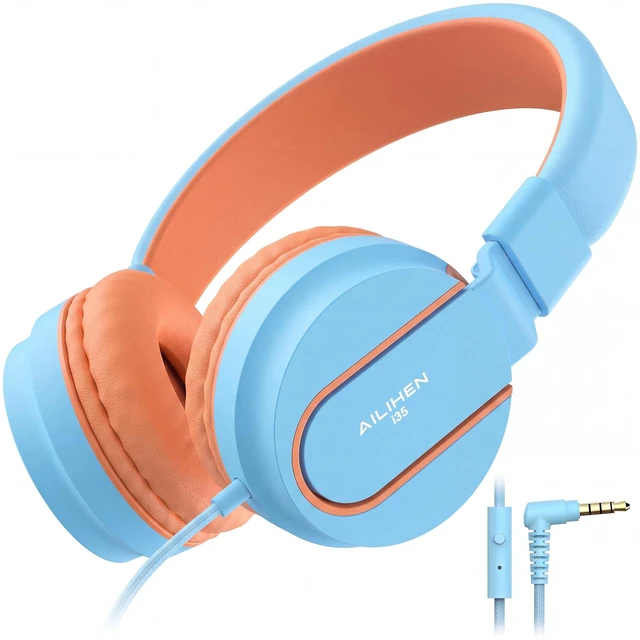 Main image of I35 Kids Headphones for School with Mic, 93dB Safe Volume, Blue Pop Wired On Ear Headphones for Girls Boys, Foldable Lightweight Headphone for Classroom Learning & Entertainment Travel Computer