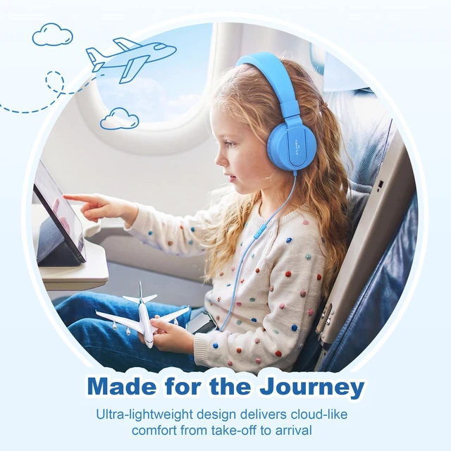 Alt view image 7 of 7 - Kids Headphones for School with Mic, 93dB Volume Limited, SkyBlue Wired On Ear Headphones for Kids Girls, Foldable Lightweight Headphone for Classroom Learning & Entertainment Travel Computer
