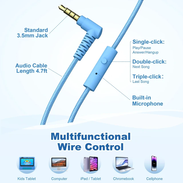Alt view image 6 of 7 - Kids Headphones for School with Mic, 93dB Volume Limited, SkyBlue Wired On Ear Headphones for Kids Girls, Foldable Lightweight Headphone for Classroom Learning & Entertainment Travel Computer