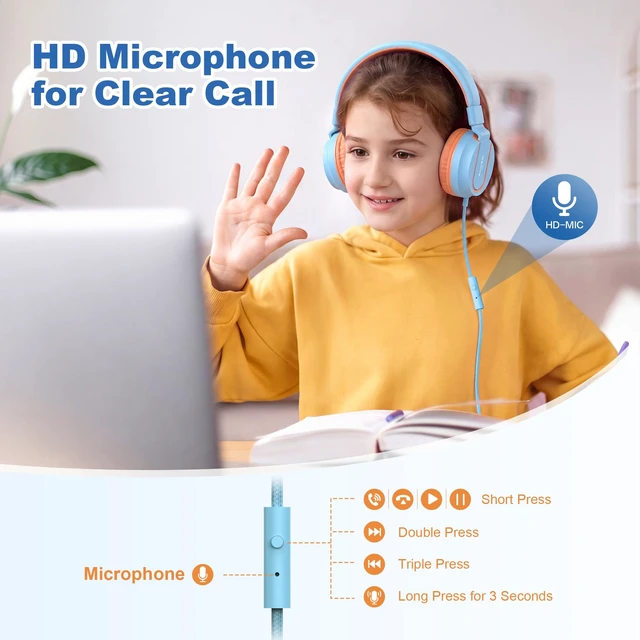 Alt view image 3 of 7 - I35 Kids Headphones for School with Mic, 93dB Safe Volume, Blue Pop Wired On Ear Headphones for Girls Boys, Foldable Lightweight Headphone for Classroom Learning & Entertainment Travel Computer