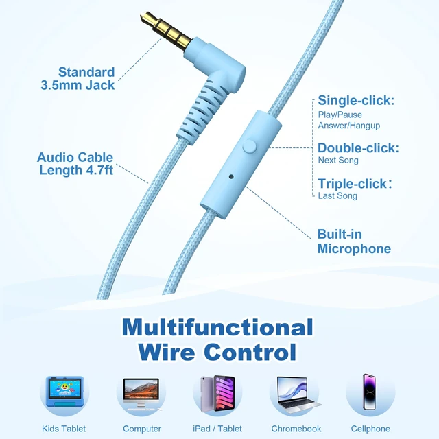 Alt view image 5 of 7 - I35 Kids Headphones for School with Mic, 93dB Safe Volume, Blue Pop Wired On Ear Headphones for Girls Boys, Foldable Lightweight Headphone for Classroom Learning & Entertainment Travel Computer