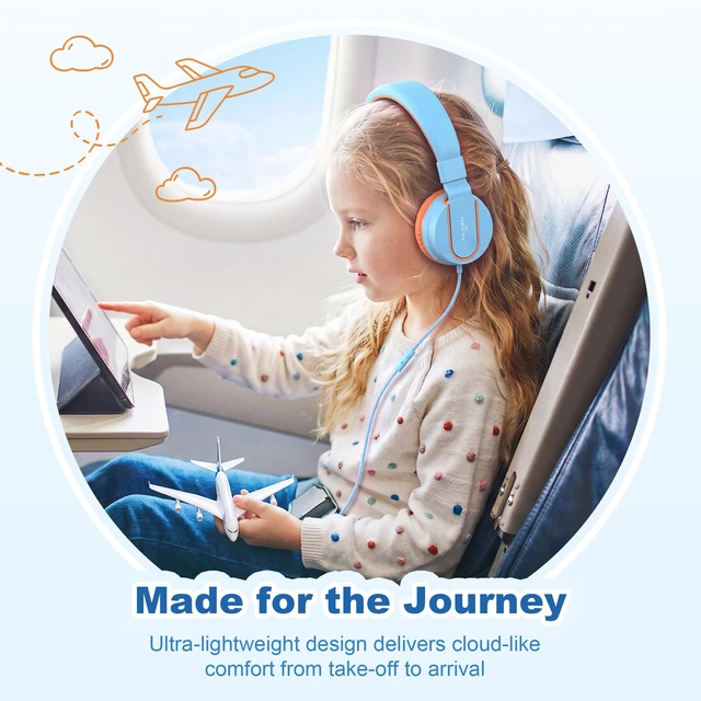 Alt view image 6 of 7 - I35 Kids Headphones for School with Mic, 93dB Safe Volume, Blue Pop Wired On Ear Headphones for Girls Boys, Foldable Lightweight Headphone for Classroom Learning & Entertainment Travel Computer