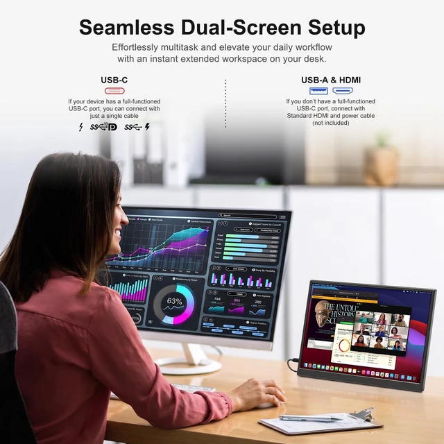 Alt view image 3 of 7 - 14" FHD USB-C HDMI HDR Portable Monitor 14" FHD IPS HDR 400nit, USB-C/HDMI, speakers, ultra-slim, plug&play, for PC/Mac/Phone