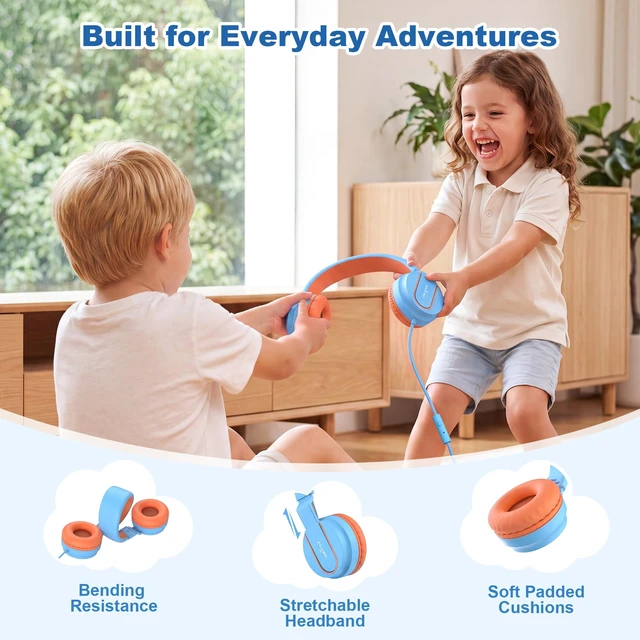 Alt view image 7 of 7 - I35 Kids Headphones for School with Mic, 93dB Safe Volume, Blue Pop Wired On Ear Headphones for Girls Boys, Foldable Lightweight Headphone for Classroom Learning & Entertainment Travel Computer