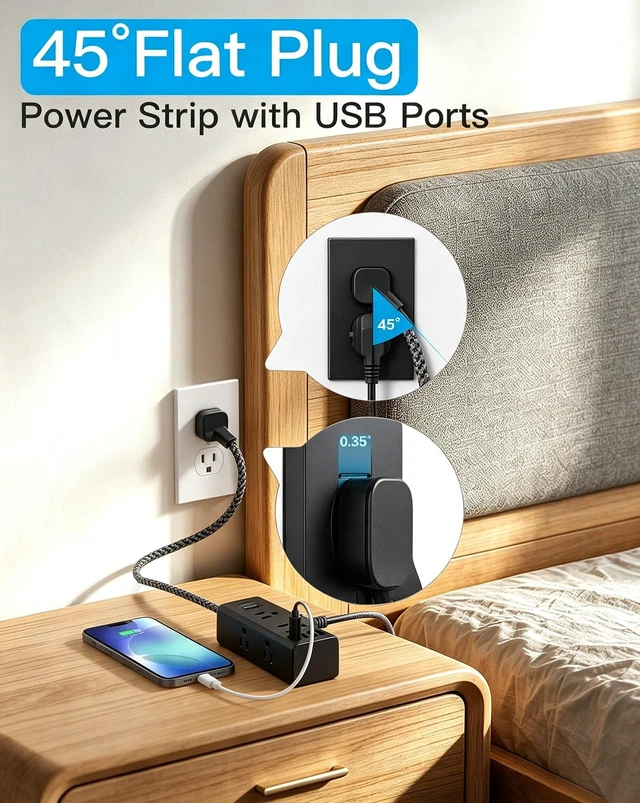 Alt view image 5 of 7 - Extension Cord 10Ft, Flat Surge Protector Power Strip 10 Ft Long Cord,Black 6 Widely Outlets 4 USB Ports (2 USB C), 10ft Extension Cord Wall Outlet Extender for Home Office College Dorm Room