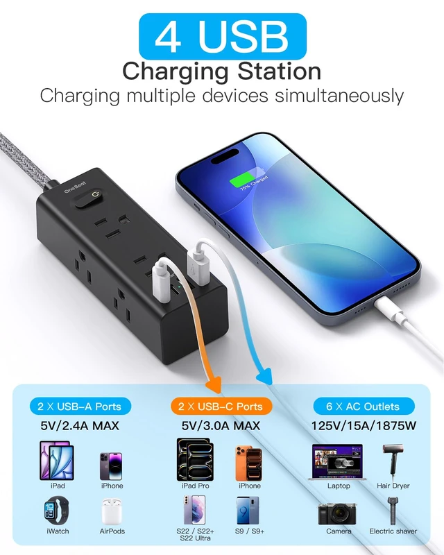 Alt view image 4 of 7 - Extension Cord 10Ft, Flat Surge Protector Power Strip 10 Ft Long Cord,Black 6 Widely Outlets 4 USB Ports (2 USB C), 10ft Extension Cord Wall Outlet Extender for Home Office College Dorm Room