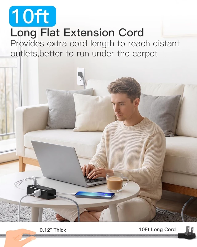 Alt view image 3 of 7 - Extension Cord 10Ft, Flat Surge Protector Power Strip 10 Ft Long Cord,Black 6 Widely Outlets 4 USB Ports (2 USB C), 10ft Extension Cord Wall Outlet Extender for Home Office College Dorm Room