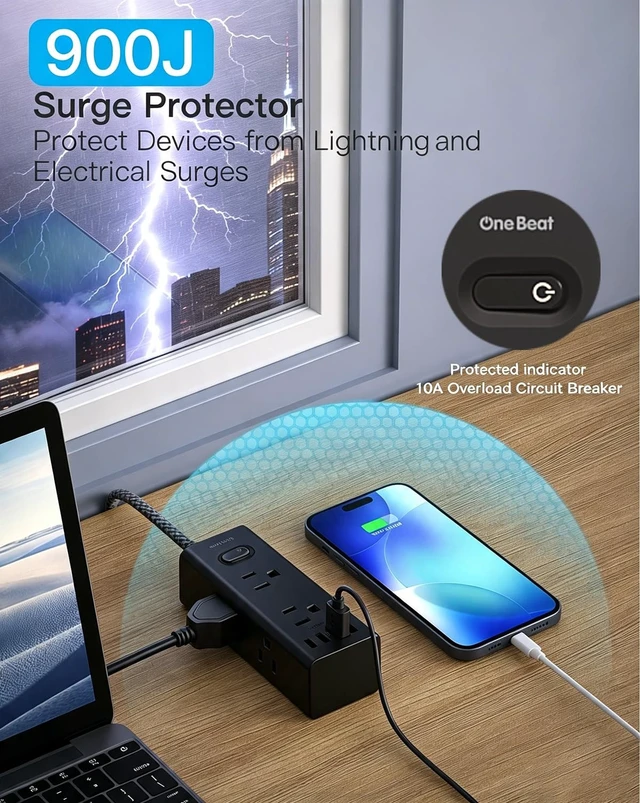 Alt view image 6 of 7 - Extension Cord 10Ft, Flat Surge Protector Power Strip 10 Ft Long Cord,Black 6 Widely Outlets 4 USB Ports (2 USB C), 10ft Extension Cord Wall Outlet Extender for Home Office College Dorm Room