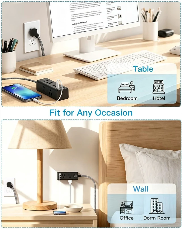 Alt view image 7 of 7 - Extension Cord 10Ft, Flat Surge Protector Power Strip 10 Ft Long Cord,Black 6 Widely Outlets 4 USB Ports (2 USB C), 10ft Extension Cord Wall Outlet Extender for Home Office College Dorm Room