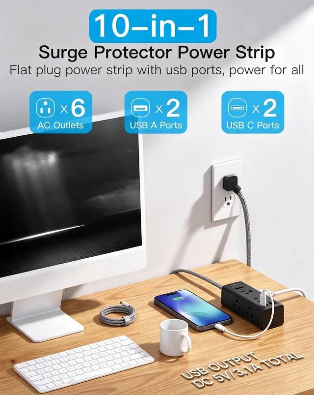 Alt view image 2 of 7 - Extension Cord 10Ft, Flat Surge Protector Power Strip 10 Ft Long Cord,Black 6 Widely Outlets 4 USB Ports (2 USB C), 10ft Extension Cord Wall Outlet Extender for Home Office College Dorm Room