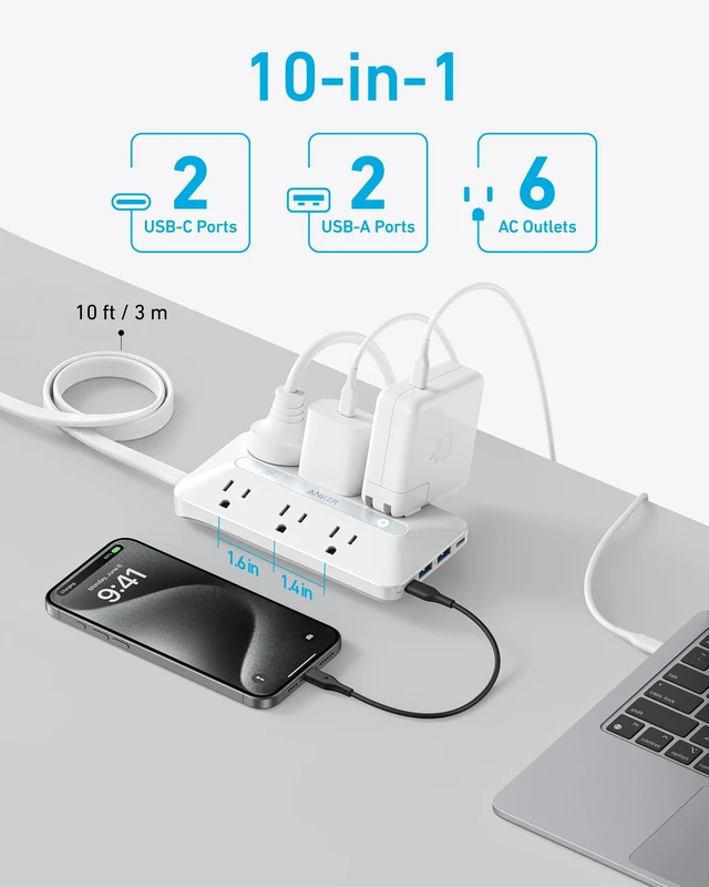 Alt view image 3 of 6 - Power Strip with 300J Surge Protector, 10ft Outlet Extender, 20W, 6AC Flat Plug Extension Cord with Multiple Outlets, 2 USB C, 2 USB A, Dorm Room Essentials, Home Office, TUV Listed