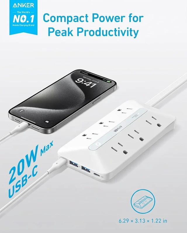 Alt view image 2 of 6 - Power Strip with 300J Surge Protector, 10ft Outlet Extender, 20W, 6AC Flat Plug Extension Cord with Multiple Outlets, 2 USB C, 2 USB A, Dorm Room Essentials, Home Office, TUV Listed