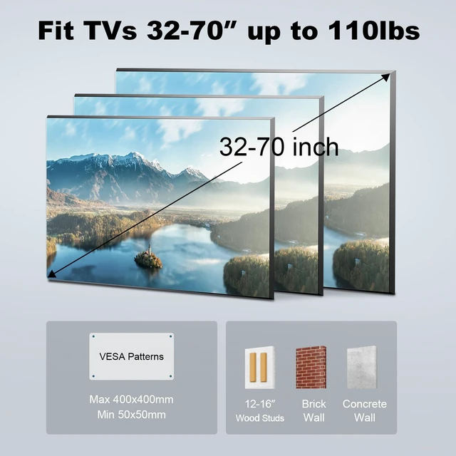 Alt view image 6 of 7 - 50 55 65 70 inch TVs UL Listed Full Motion TV Wall Mount Bracket Fit Most 32-70 inch TVs, 110lbs,16" Stud, VESA 400x400mm, ±45° Swivel, +5°/-12° Tilt, ±4° level, 2.56-14.52" extend
