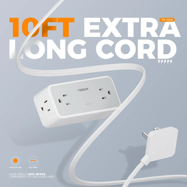 Alt view image 3 of 7 - Extension Cord 10 FT, Power Strip with 900J Surge Protection, Grey 4 AC Outlets, Flat Plug, Multiple Wall Outlet Extender Suitable for Office Dorm