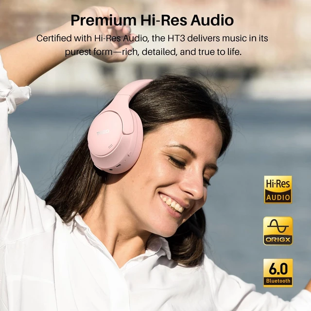 Alt view image 6 of 7 - HT3 Hybrid Noise Cancelling Wireless Headphones, 90H Over Ear Headset Hi Res Audio, AI Voice Assistant, Dual Device Connection, 32 Custom EQs, Built In 5 Mics, ANC, Foldable with Case