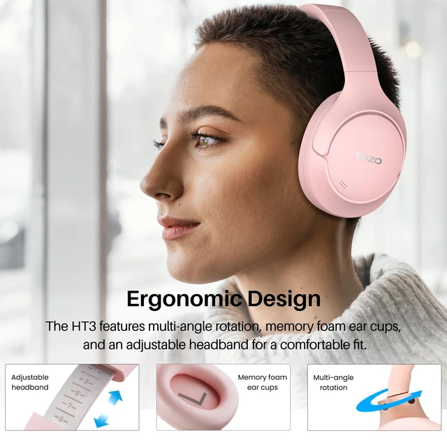 Alt view image 7 of 7 - HT3 Hybrid Noise Cancelling Wireless Headphones, 90H Over Ear Headset Hi Res Audio, AI Voice Assistant, Dual Device Connection, 32 Custom EQs, Built In 5 Mics, ANC, Foldable with Case