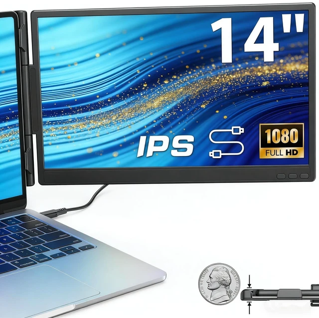 Main image of 14" Laptop Screen Extender, FHD 1080P IPS Travel Dual Monitor, 226° Rotation Portable Monitor for Laptops 13-16" with USB-C/HDMI Port, Plug-Play for Win/Mac/Chrome/Android