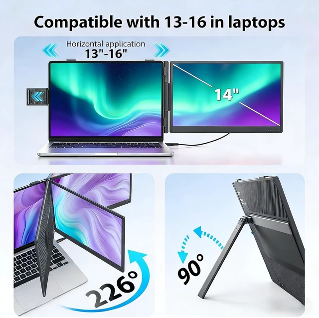 Alt view image 4 of 7 - 14" Laptop Screen Extender, FHD 1080P IPS Travel Dual Monitor, 226° Rotation Portable Monitor for Laptops 13-16" with USB-C/HDMI Port, Plug-Play for Win/Mac/Chrome/Android