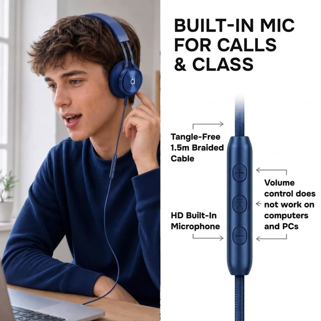 Alt view image 4 of 7 - CL750 Adults & Kids Headphones with Cord, Microphone & Volume Control - Wired Headphones with Mic, Plug In Teens Corded Head phones Wire for Laptop, Computer, Chromebook, iPad & Tablet 3.5mm Aux