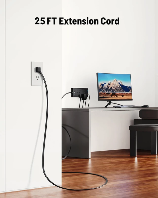 Alt view image 3 of 6 - Surge Protector Power Strip 4800J, 25Ft Long Extension Cord Flat Plug, 12 Outlets 2 USB C 2 USB Ports, Wall Mountable, Desk Charging Station, Black